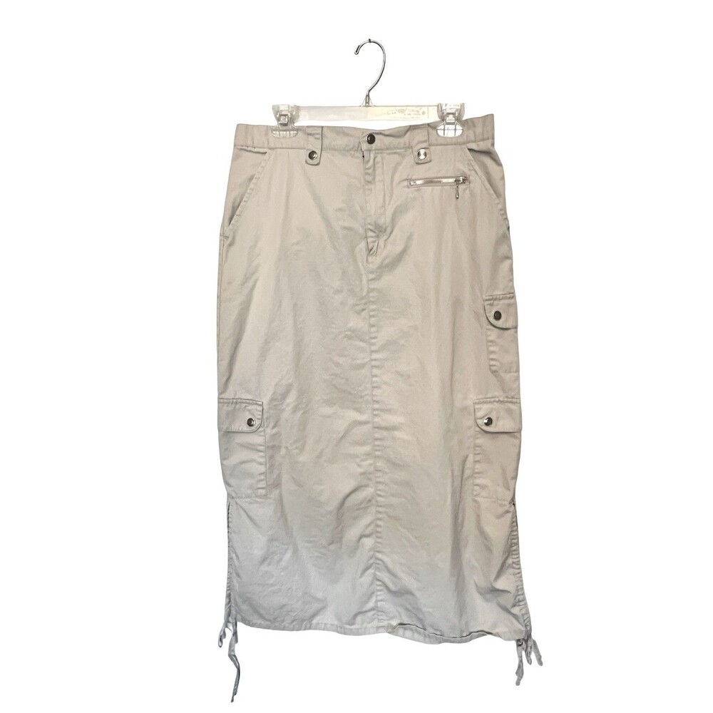 Womens Cargo Midi Skirt Beige Utility Safari Y2K Drawstring Hem Approx L - Picture 6 of 7